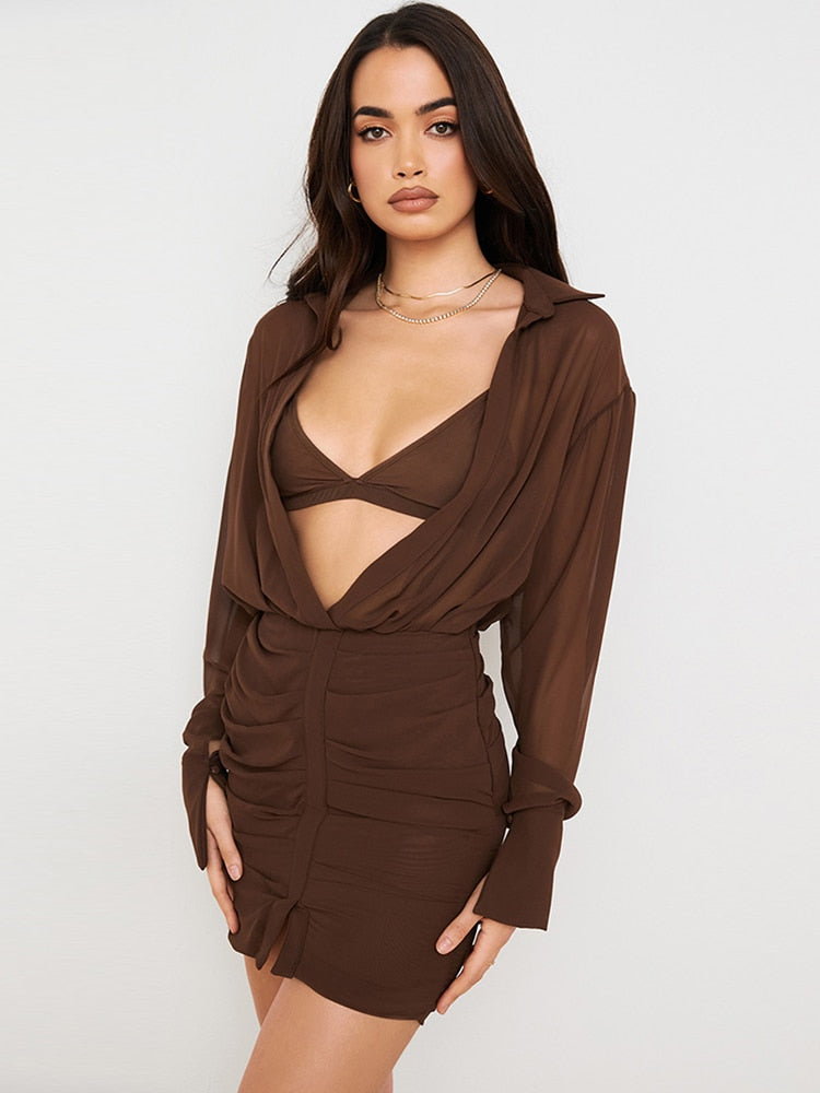 Bra and Dress 2 Piece Set Coffee Chiffon Summer Long Sleeve Open Chest Ruched Vacation Wear Sexy Shirt Dress voguable