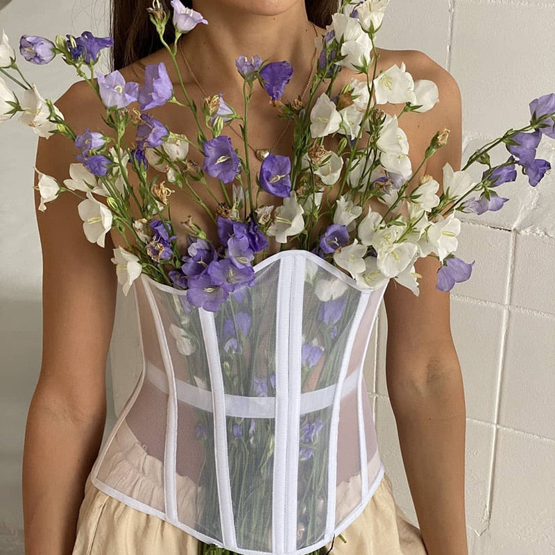 Fashion Women Mesh Corset Top Short Waist Belt Sexy Solid Color Bodycon Waspie Belts Chic New Lady Bustiers Tops Female Vest voguable