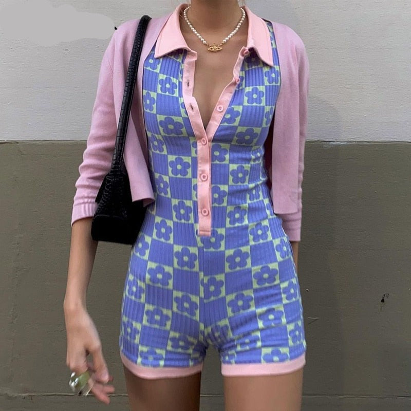 Voguable  2022 Long Sleeves Regular Print Polo-Neck Single Breasted Playsuit Summer Women Fashion Preppy Style spring Outfits Y2K voguable