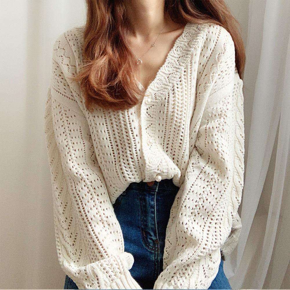 Voguable  Cropped Cardigan Women Spring Chic Hollow Out Elegant V-Neck Korean Vintage Femme Jumper White Sweet Girls Pearls Lady Knitwear voguable