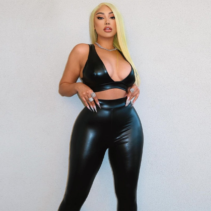 Voguable   Sleeveless Solid Pu Leather Backless Bra Top Leggings 2 Pieces Set Autumn Winter Women Sexy Streetwear Tracksuit voguable