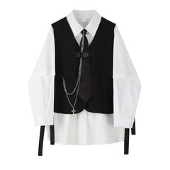 Voguable 2022 Spring Autumn Women's Two-Piece Sets Streetwear Fashion Tooling Style Vest And Solid Loose Long Sleeve Shirts Female Suit voguable