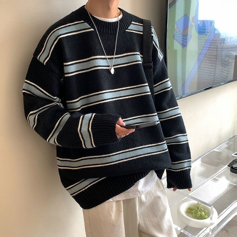 Voguable Striped Sweater Men Round Neck Winter Pullover Sweater Korean Fashion Harajuku Loose Wild Long Sleeve Sweater Oversize voguable