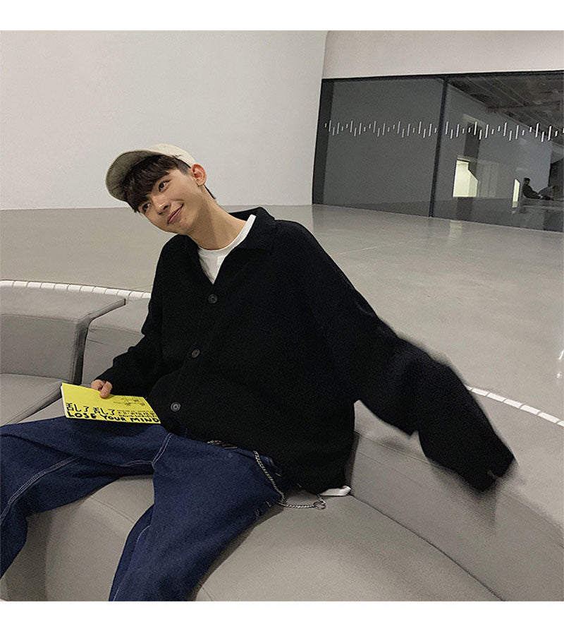 Voguable Oversize Cardigan Men Thick Ins Autumn and Winter Retro Loose Casual Button Solid Color Couple Knit Mens Cardigan Sweater Coat voguable