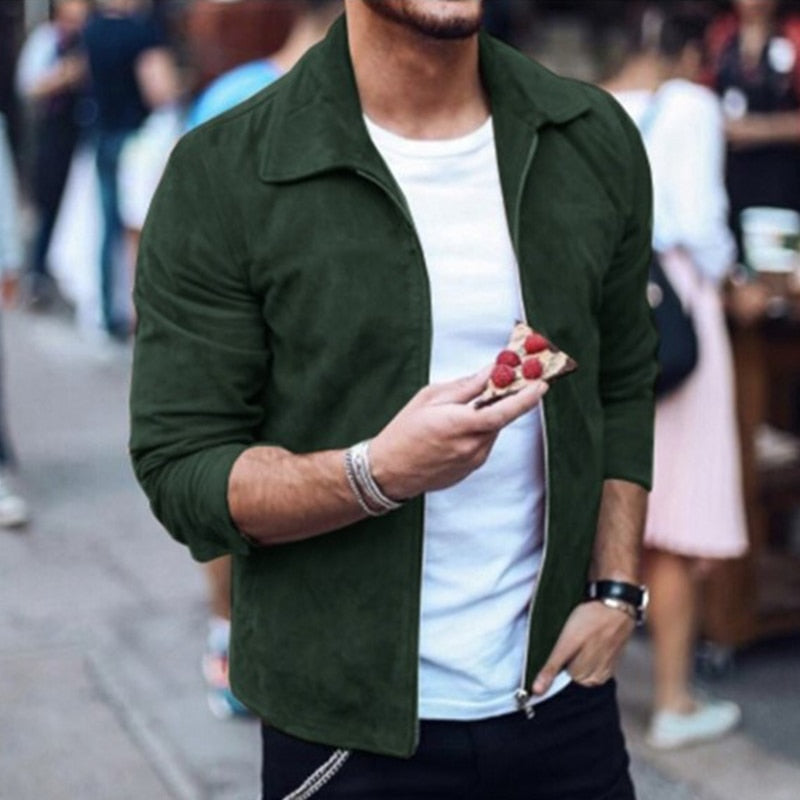 Voguable Autumn Fashion Suede Coats For Men Solid Turn-down Collar Zipper Tops Coats 2021 New Winter Casual Long Sleeve Slim Men Jackets voguable