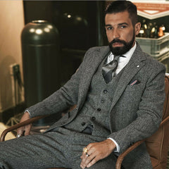 Voguable Gray Woollen Herringbone Men Suits for Wedding Groom Tuxedo 3 Piece Tweed Custom Fashion Set Jacket with Pants Waistcoat 2020 voguable