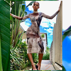 Voguable  2022 Long Sleeve Turtleneck Y2K Print Mesh Skinny Maxi Dress Spring Summer Women Fashion Streetwear Casual Clothing voguable