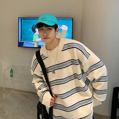 Voguable Striped Sweater Men Round Neck Winter Pullover Sweater Korean Fashion Harajuku Loose Wild Long Sleeve Sweater Oversize voguable