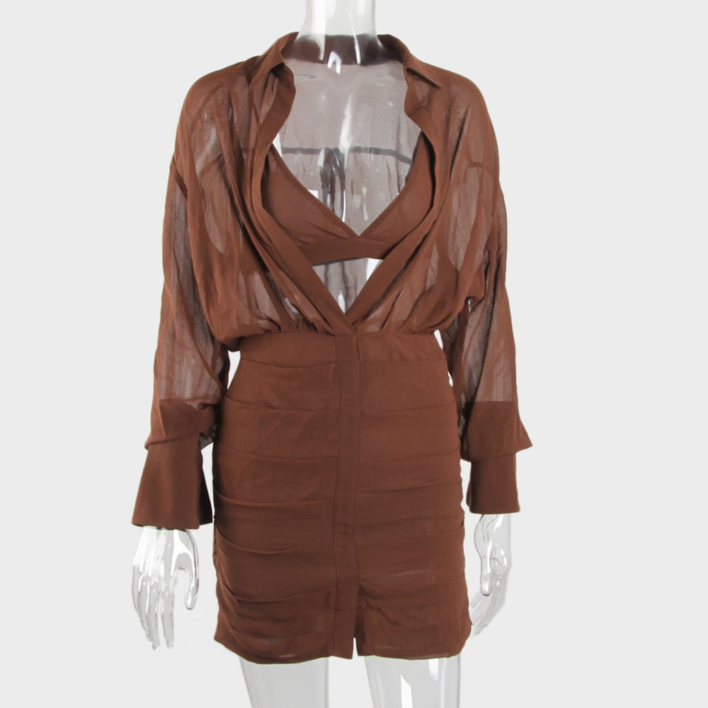 Bra and Dress 2 Piece Set Coffee Chiffon Summer Long Sleeve Open Chest Ruched Vacation Wear Sexy Shirt Dress voguable