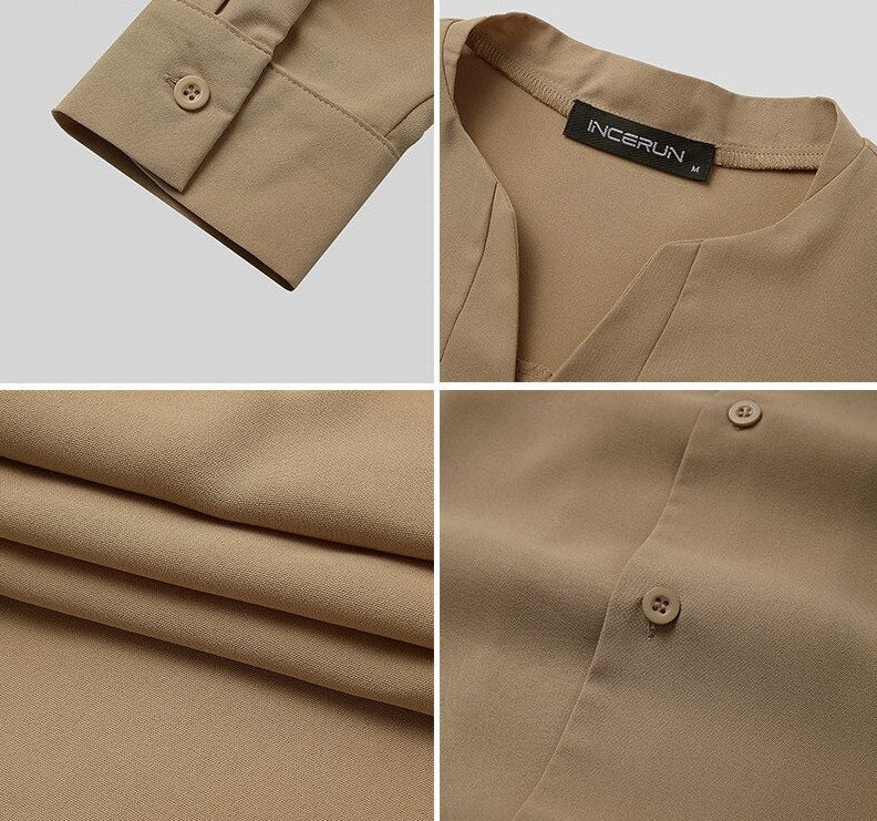 Voguable Fashion Men Brand Shirt Solid Long Sleeve V Neck Chic Button Casual Blouse 2021 Streetwear Korean Style Shirts Camisas voguable