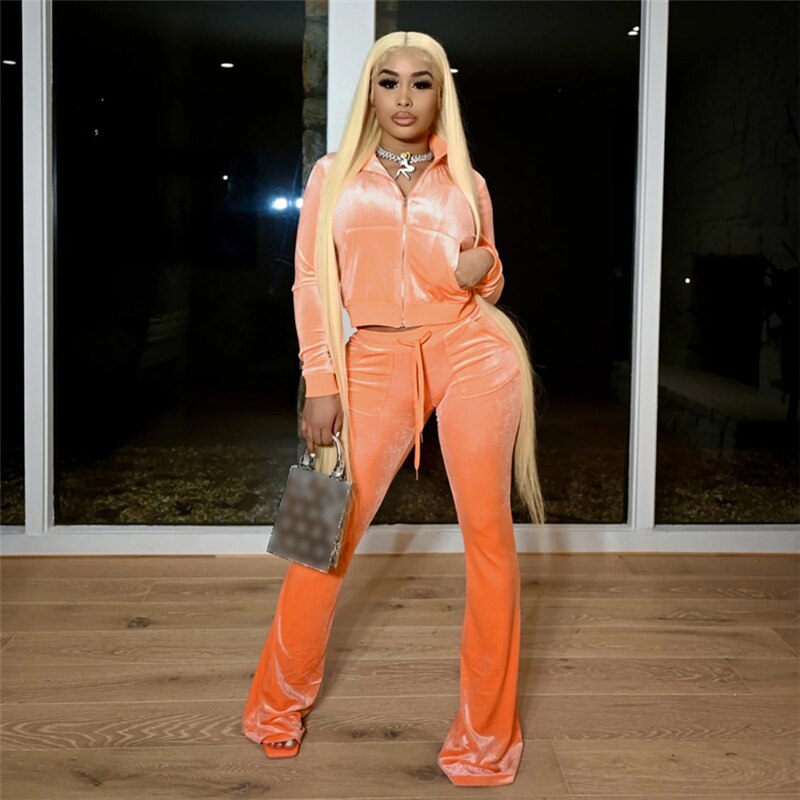 Voguable  Simple Casual 2 Piece Set Women Solid Velour Zipper Long Sleeve Turtleneck Top Lace Bandage Slim Female Wide Leg Pants voguable