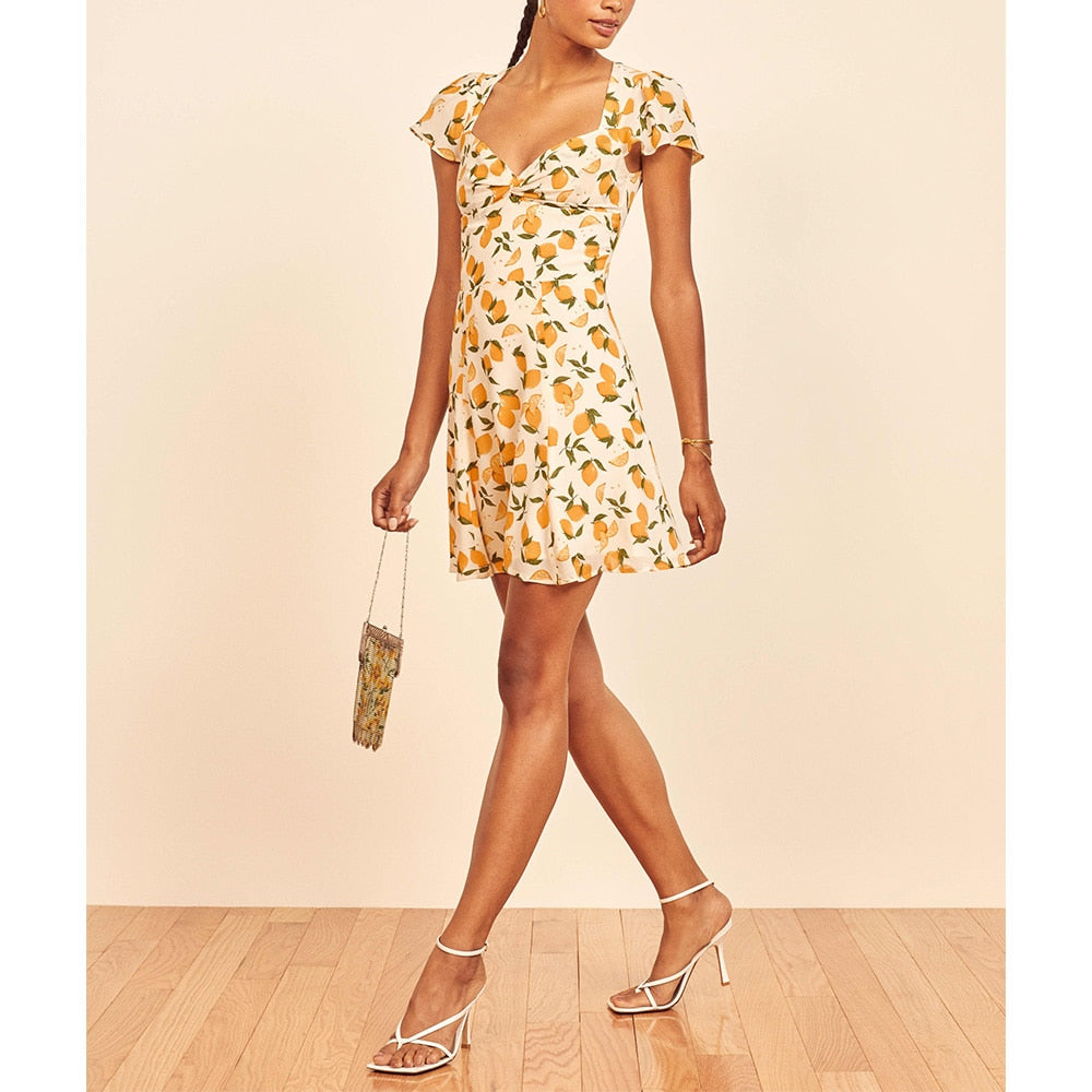 Women Dresses Summer Flutter Sleeve Lemon Print Mini Beach Dress Sweetheart Neck Twist Back Cut Out Fit Flare Short Dress voguable