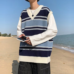 Voguable Sweater Vest Men's Fashion Retro Casual V-neck Sweater Vest Men Streetwear Korean Loose Vest Sweater Pullover Mens Clothes M-2XL voguable