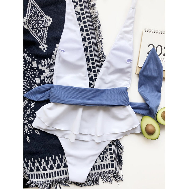 Voguable  Halter one piece swimsuit women Deep v-neck swimwear female Ruffle monokini Patchwork bathing suit Bandage 2021 sexy voguable