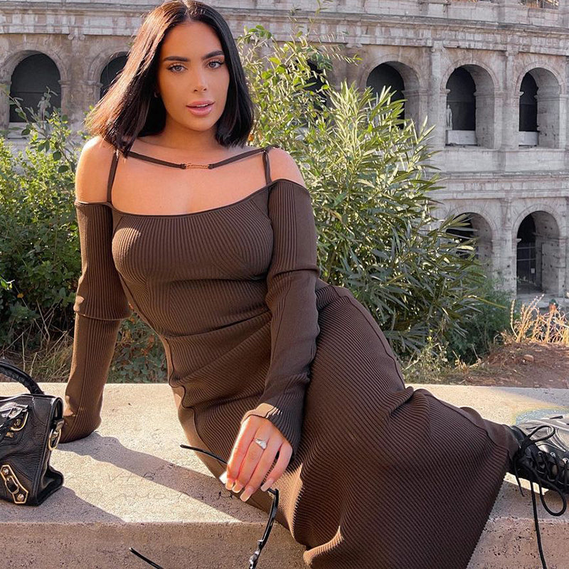 Voguable Ribbed Solid Slash Neck Slip Long Sleeves Bodycon Mini Dress 2022 Fashion Women Elegant Streetwear Evening Party Y2K voguable