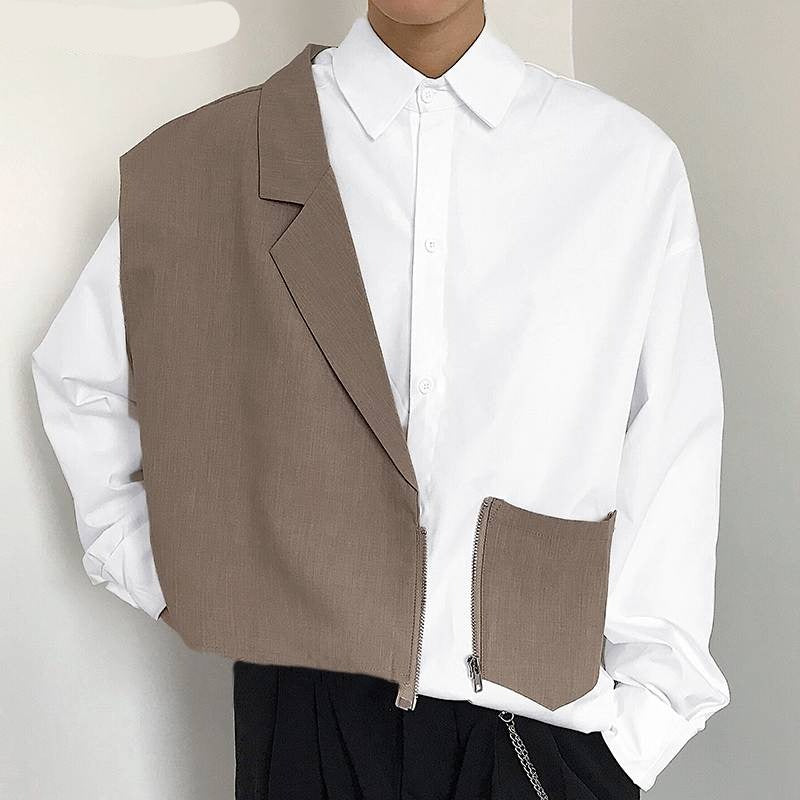 Voguable 2022 Fashion Men Casual Shirt Lapel Patchwork Long Sleeve Button Zipper Streetwear Fake Two Pieces Tops Camisas S-5XL INCERUN voguable