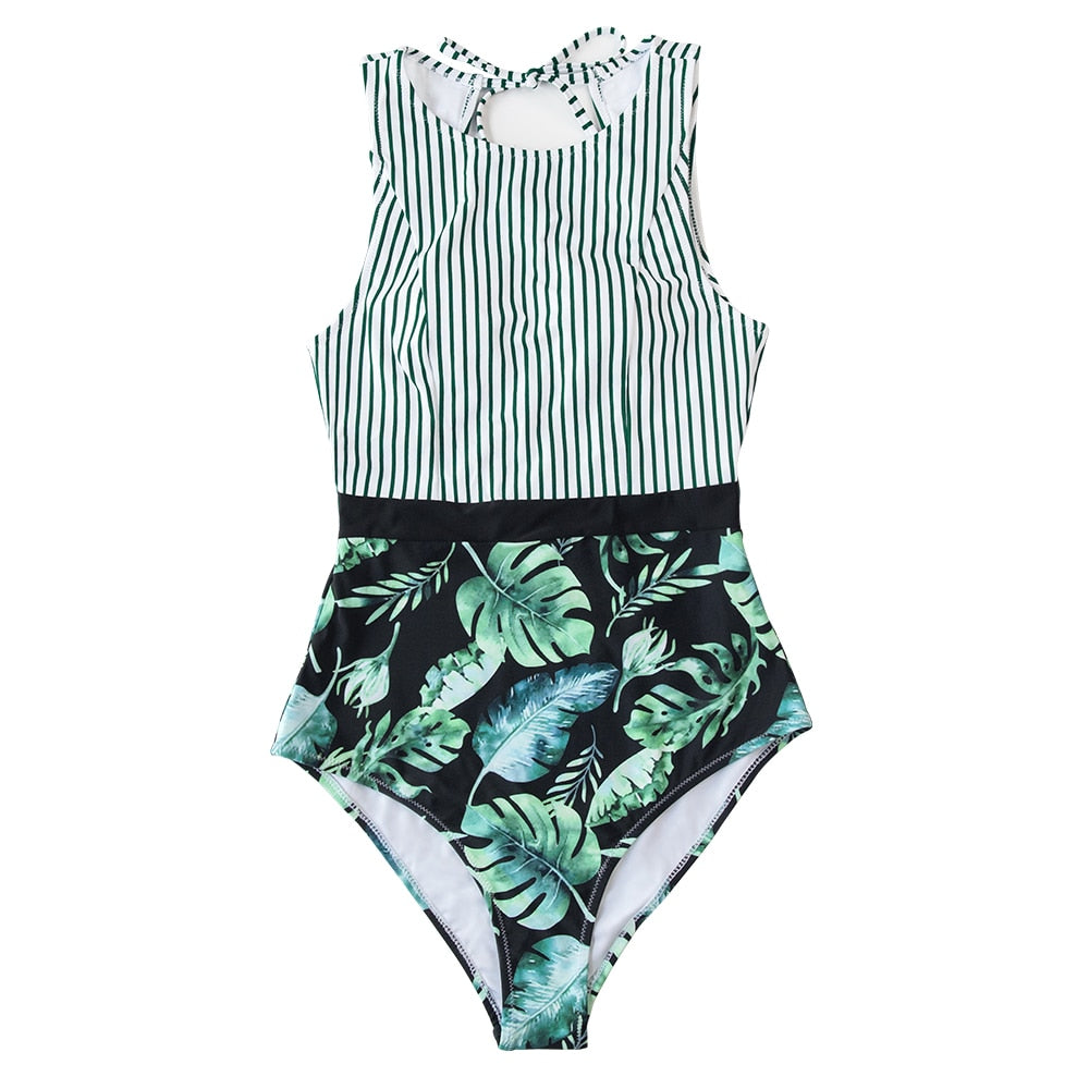 CUPSHE Black Striped And Green Leaf One-piece Swimsuit Women Sexy Cutout Monokini Bathing Suits 2022 New Girl Beach Swimwear voguable