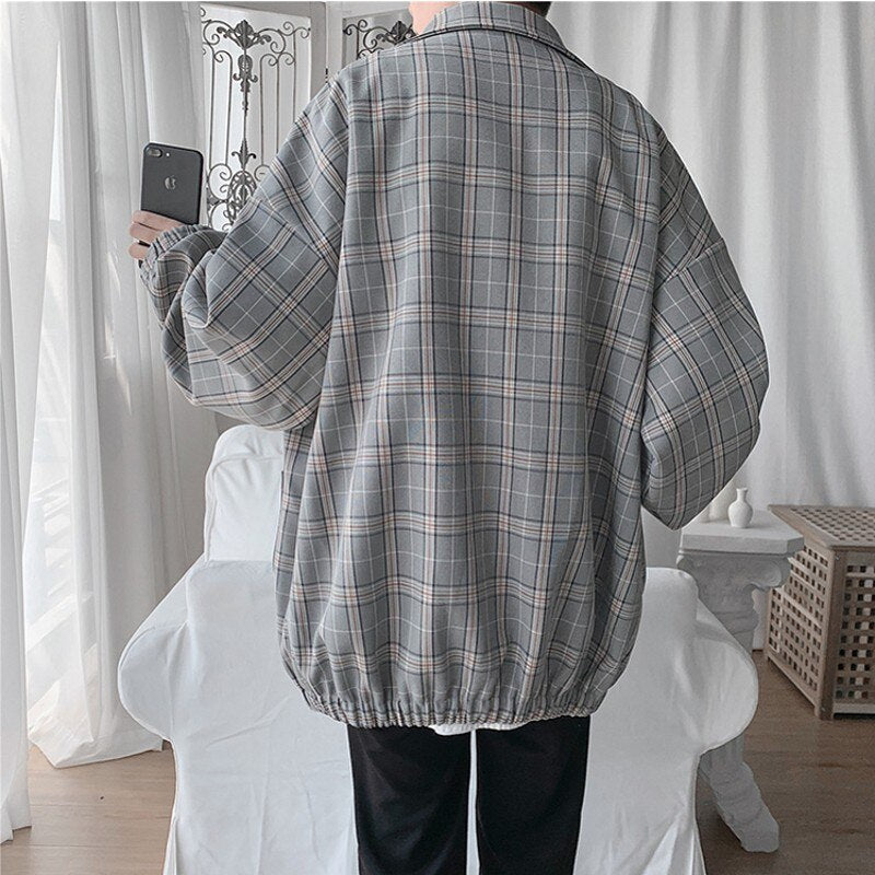 Voguable   2022 New Men's Jacket Oversize Plaid Coat Single Breasted Turn-down Collar Vintage Checkered Windbreaker Clothing Tops Man Khaki voguable
