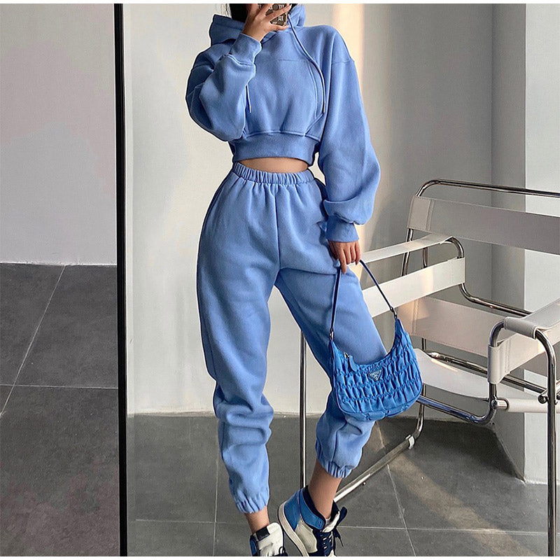 Voguable Women's Tracksuit Crop Top Hoodies Two Pieces Set High Waist Pullover Hooded Joggers Suit Female 2021 Autumn Lady Sportwear Sets voguable