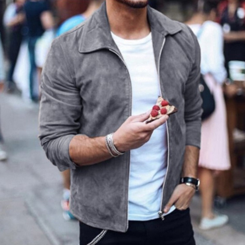 Voguable Autumn Fashion Suede Coats For Men Solid Turn-down Collar Zipper Tops Coats 2021 New Winter Casual Long Sleeve Slim Men Jackets voguable
