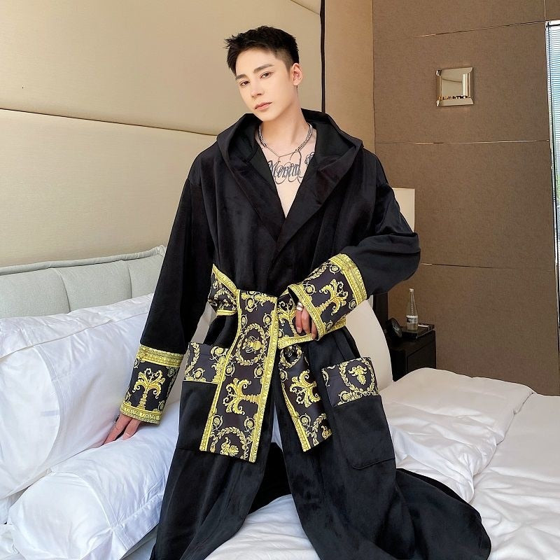 Winter Thickened Comfortable Velvet Light Luxury Hooded Long Nightgown Men's Fashion Robes Belted Warm Clothes 9Y9924 voguable