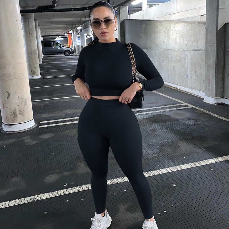 Voguable Long Sleeve Sexy Crop Tops Leggings 2 Pieces Set Summer Women Streetwear Outfits Pure Tracksuit Joggings Suit voguable