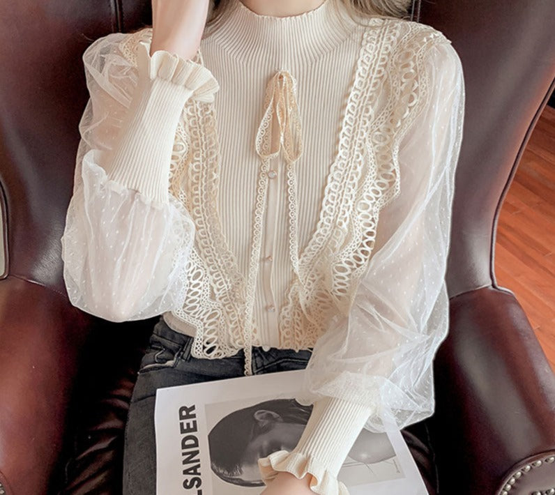 Voguable 2022 Women Blouse with Lace Lantern Long Sleeve Transparent Blouse Loose Sexy Cardigan Lace Shirt Spring Black Lace Top 10202 voguable