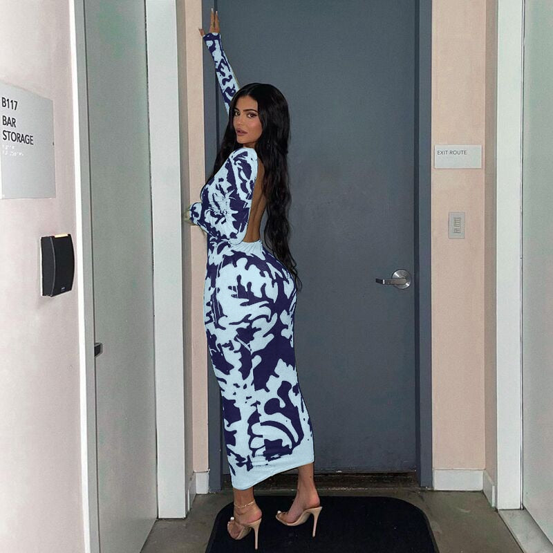 Voguable 2022 Long Sleeve Backless Sexy Camouflage Dress Summer Women Fashion Streetwear Outfits Solid Club Clothing voguable