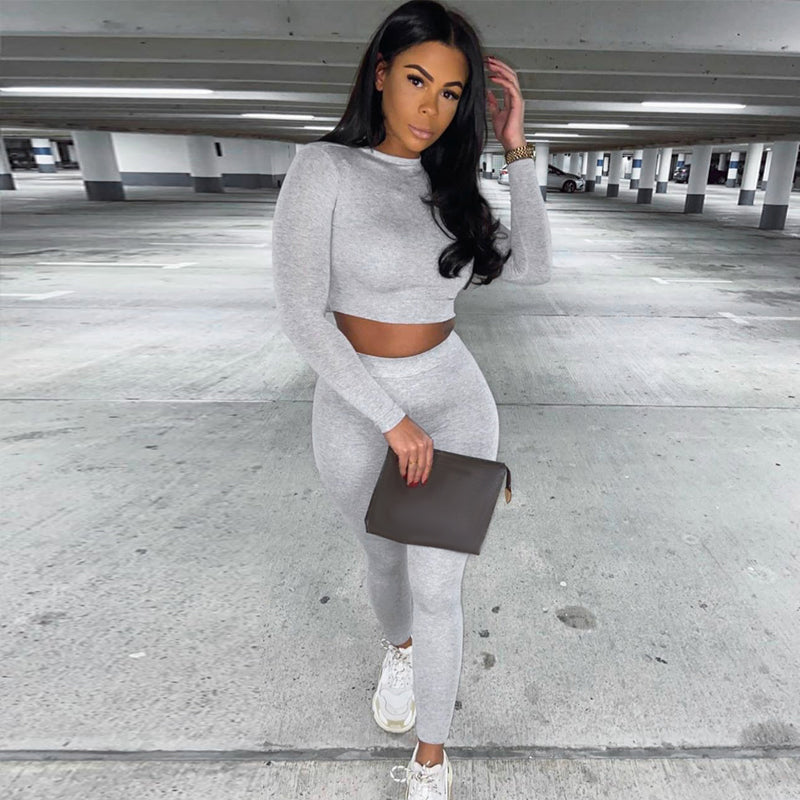 Voguable Long Sleeve Sexy Crop Tops Leggings 2 Pieces Set Summer Women Streetwear Outfits Pure Tracksuit Joggings Suit voguable