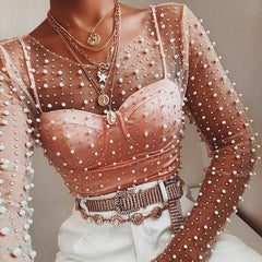Voguable  Women Transparent O-Neck Long Sleeve Sexy Lace Mesh Shirt Club Party Tops Ladies 2020 Spring Pearl Beading Blouse Blusas voguable