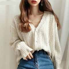 Voguable  Cropped Cardigan Women Spring Chic Hollow Out Elegant V-Neck Korean Vintage Femme Jumper White Sweet Girls Pearls Lady Knitwear voguable