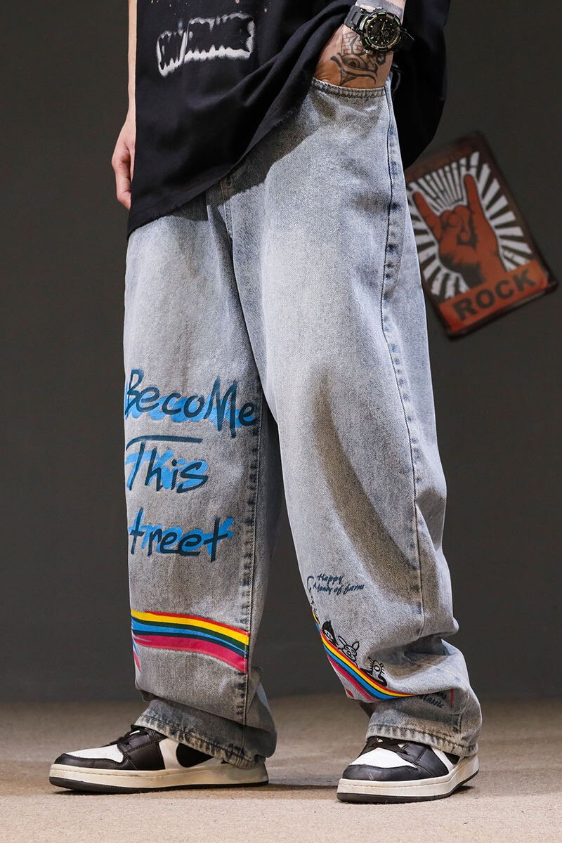 Voguable Rainbow Jeans Men Hip Hop Blue Pants Fashion Retro Baggy  Jeans Harajuku Summer High Street Casual Hip Hop Pant Streetwear Males voguable