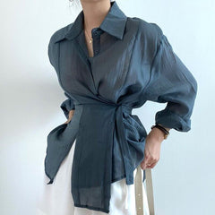 Summer Autumn Vintage Long Sleeve Thin Blouses Irregular Single Breasted Lace-up Casual Tops Women Korean Fashion Blusas voguable