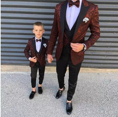 Voguable 2022 New Burgundy Pattern Boy Mens Suits Slim Fit Wedding Grooms Tuxedos Peaked Lapel Formal Blazer Kid Prom Suit (Jacket+Pants） voguable
