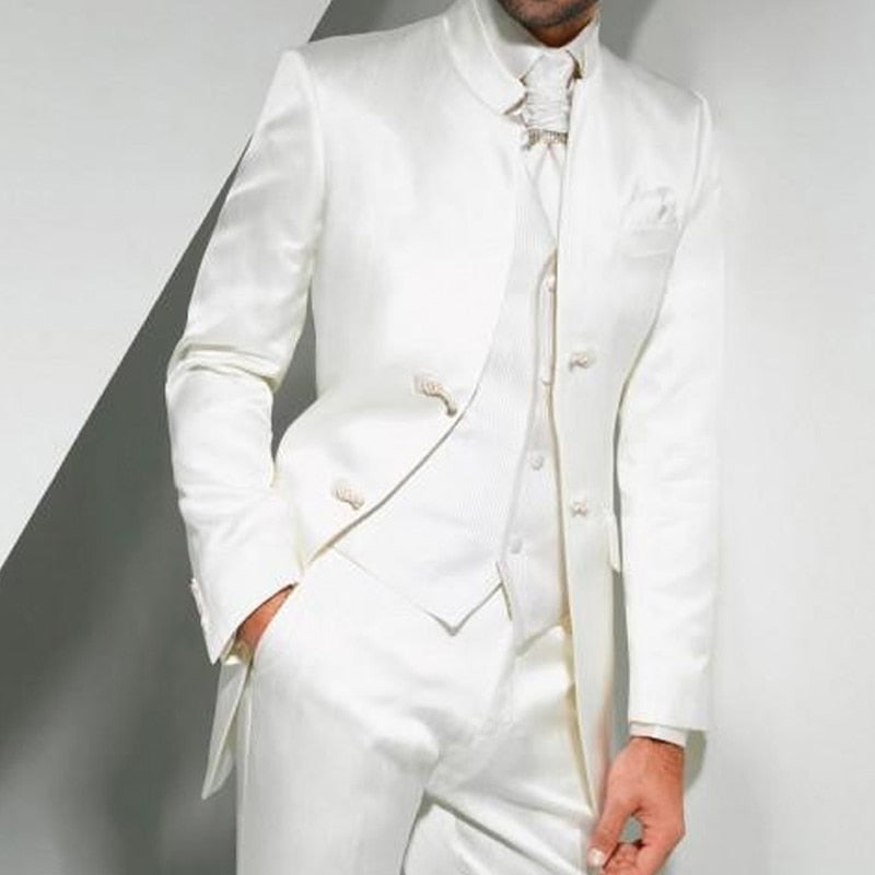 Voguable Vintage White Long Tunic Men Suits for Groom Wedding Tuxedo with Stand Collar 3 Piece Male Fashion Clothes Set Jacket Vest Pants voguable