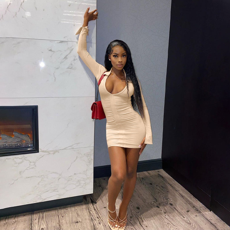 Voguable   2022 Solid Pleated Polo Neck Long Sleeves Mini Dress Summer Autumn Women Fashion Streetwear Y2K Elegant Wear voguable