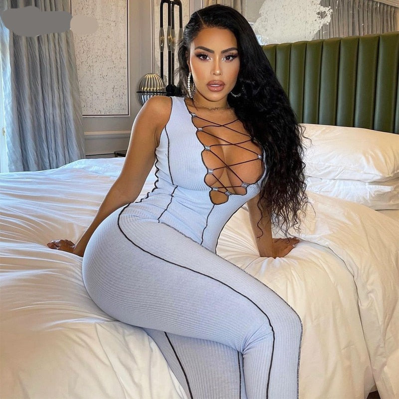 Voguable  Sleeveless Solid Bodycon Ruched Ribbed Sexy Jumpsuit Summer Women Fashion Romper Body voguable