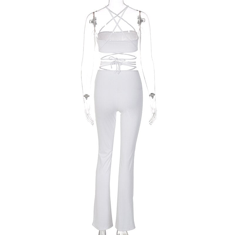 Voguable Solid Women Halter Sleeveless Bandage Ruched Crop Bra High Waist Leggings 2 Piece Set 2021 Autumn Y2K Streetwear Outfit voguable
