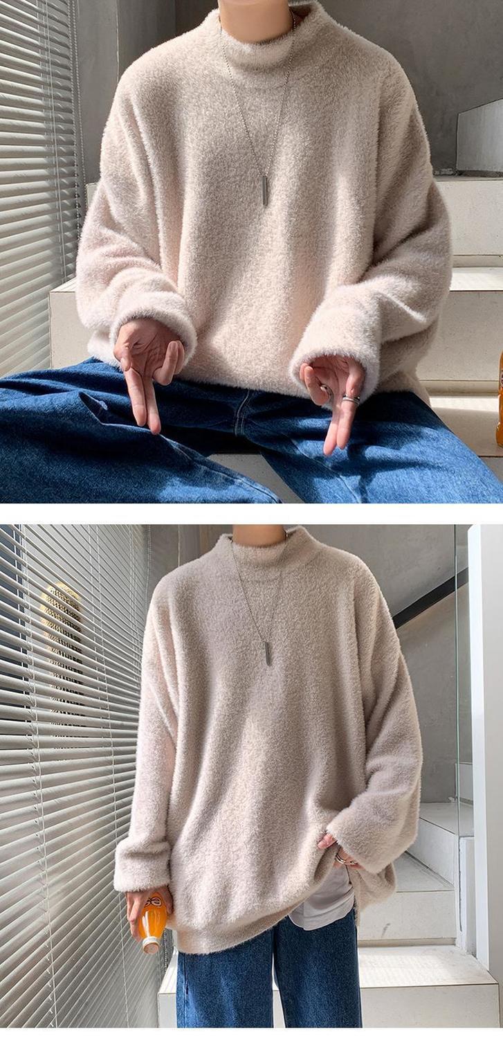 Voguable Autumn and Winter Fleece Men's Sweatshirt Loose Half High Collar Solid Color Trend Korean Wild Warm Lamb Velvet Sweater Men voguable