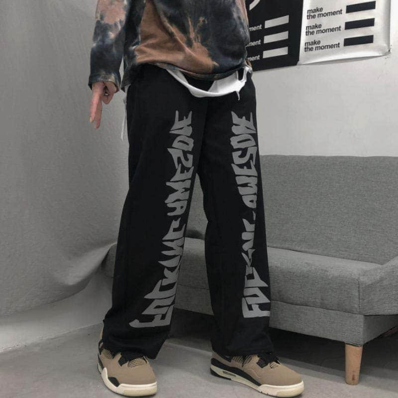 Voguable Casual gothic punk pants men clothes bottom Korean wild loose wide-leg elastic waist dark letter print sports trousers streetwea voguable