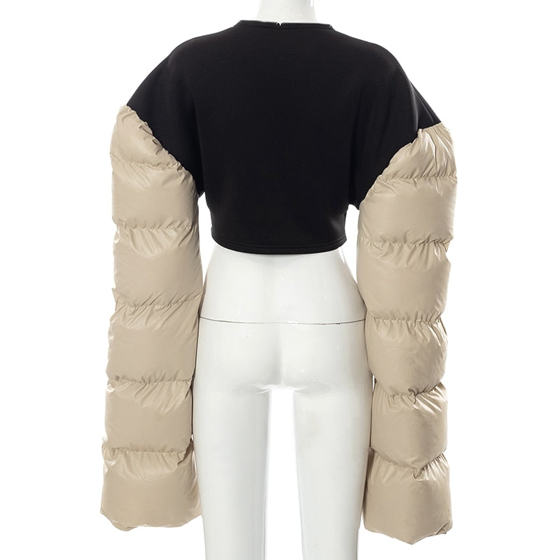 Voguable Patchwork Down Coat Puffer Jacket Coats Extra Long Sleves Women Christmas Bubble Cropped Outerwear Warm Clothing voguable