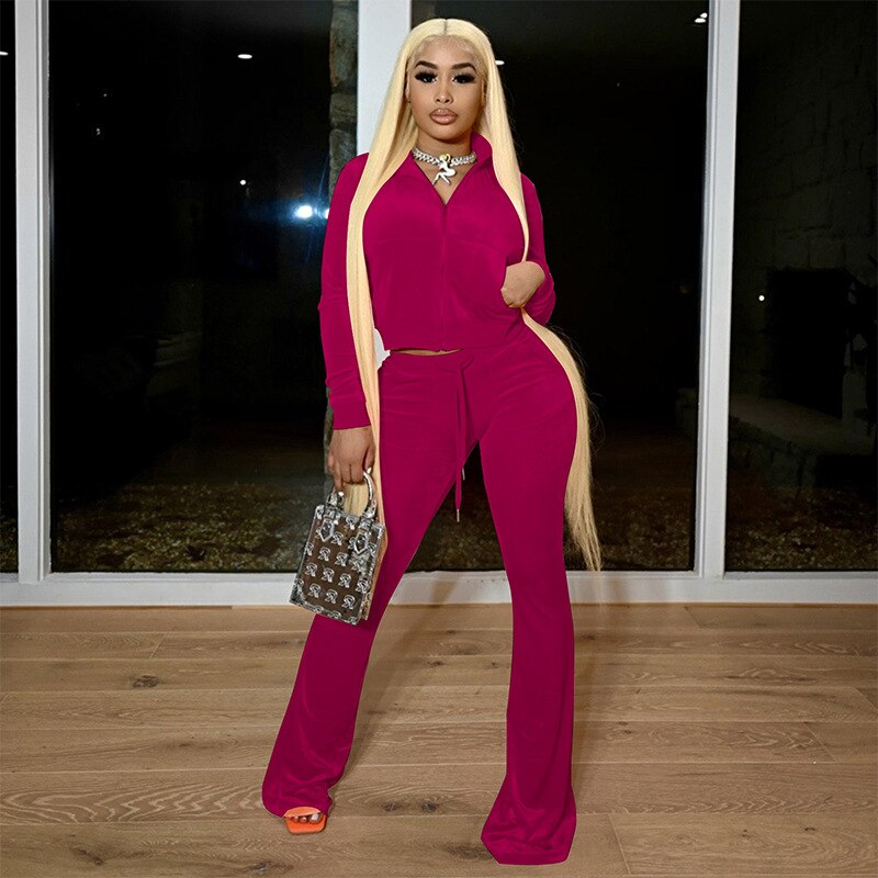 Voguable  Simple Casual 2 Piece Set Women Solid Velour Zipper Long Sleeve Turtleneck Top Lace Bandage Slim Female Wide Leg Pants voguable