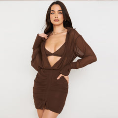 Bra and Dress 2 Piece Set Coffee Chiffon Summer Long Sleeve Open Chest Ruched Vacation Wear Sexy Shirt Dress voguable