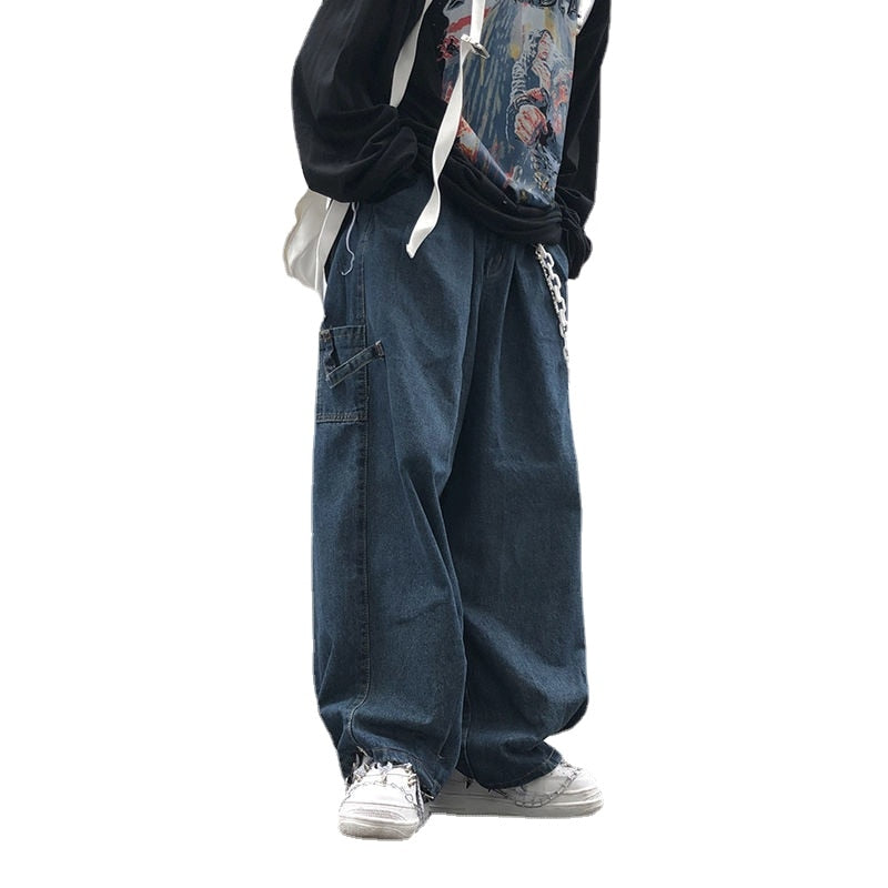 Voguable 2022 Fashion Individuality Japanese-style Jean Men Loose Stripe Denim Pant Bule/Black Man and Women Hip hop Streetwear Trouser voguable