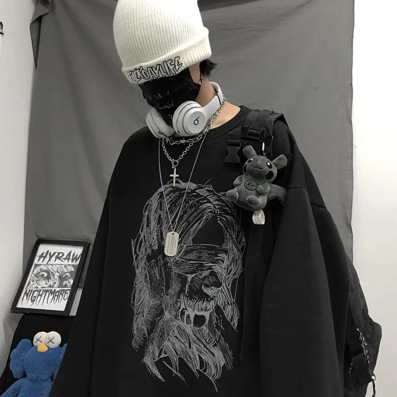 Voguable Retro dark printed sweatshirt for couples to wear loose black long sleeve top fashionable wide Songyuan night style album top voguable