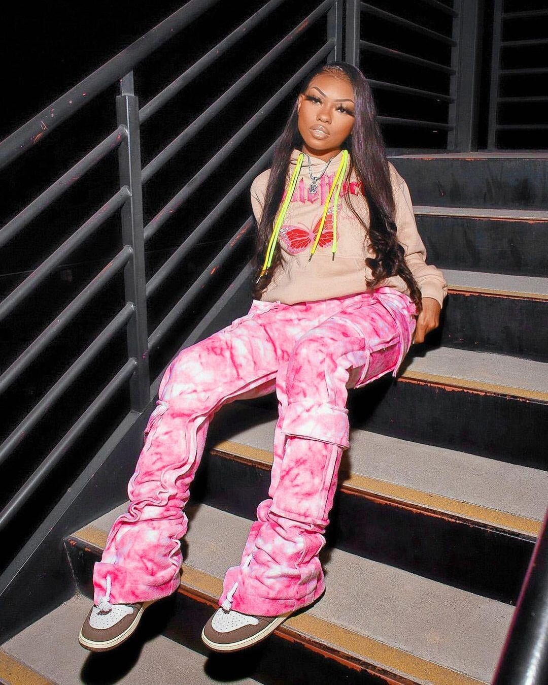 Multi Pocket Drawstring Stacked Sweatpants Street Style Tie Dye Cargo Pants Y2k Clothes Women 2021 Trousers voguable