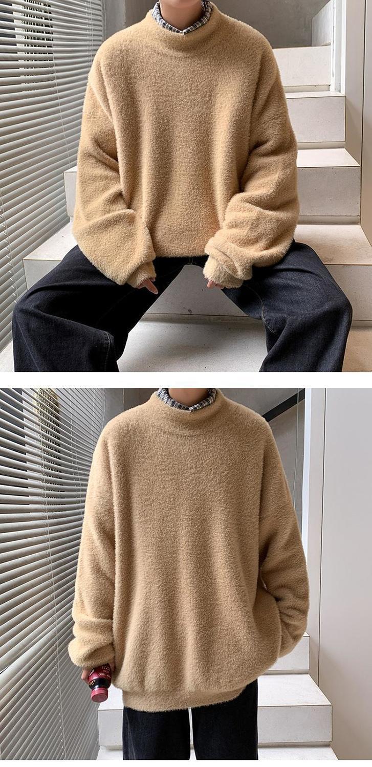 Voguable Autumn and Winter Fleece Men's Sweatshirt Loose Half High Collar Solid Color Trend Korean Wild Warm Lamb Velvet Sweater Men voguable