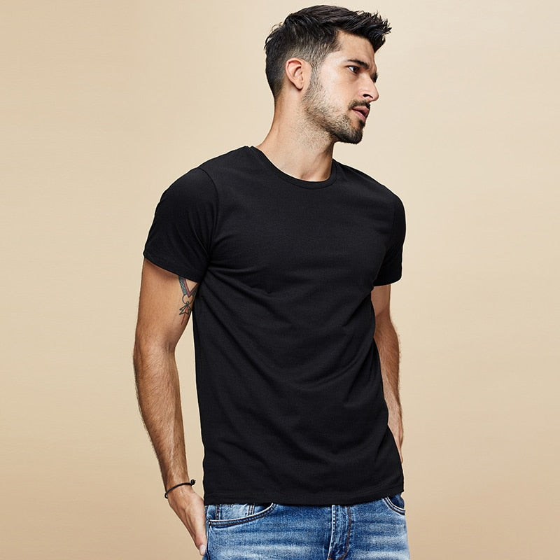 Summer New  Cool T-shirt Short Sleeve Men Fashion Solid Elastic Tshirts Basic O-neck White Running Top Slim voguable