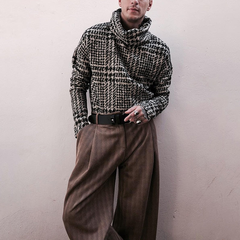 Voguable 2022 Fashion Houndstooth Printed Tops For Men Casual Long Sleeve Turtleneck Sweater Vintage Autumn Winter Mens Loose Jumper Male voguable