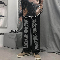 Voguable Casual gothic punk pants men clothes bottom Korean wild loose wide-leg elastic waist dark letter print sports trousers streetwea voguable